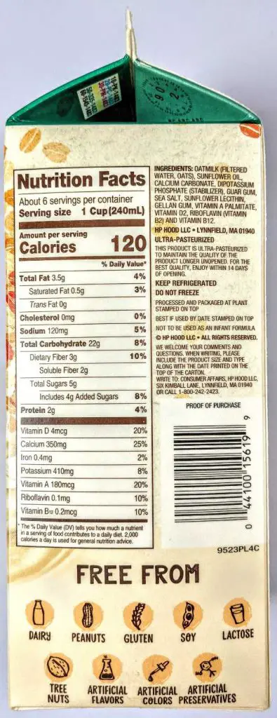 Planet Oat Oatmilk nutritional facts carton