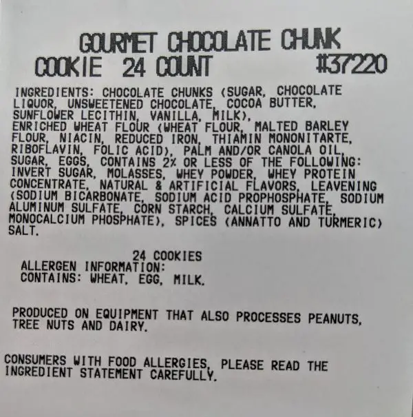 Costco Chocolate Chunk Cookies ingredients label