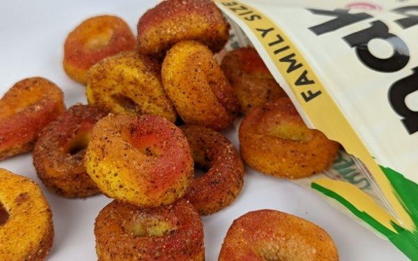 (Spill out of bag close up) Snak Club Tajin Peach Rings - BanhMiFresh.com