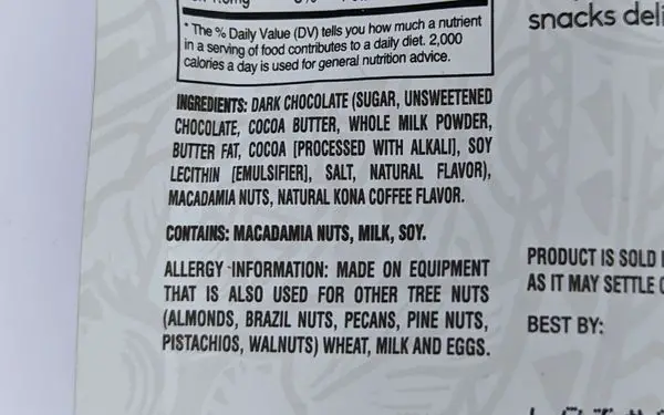 Macfarms kona coffee dark chocolate macadamias ingredients - familyguidecentral.com