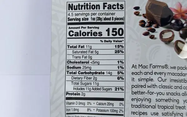 Macfarms kona coffee dark chocolate macadamias nutritional facts - familyguidecentral.com
