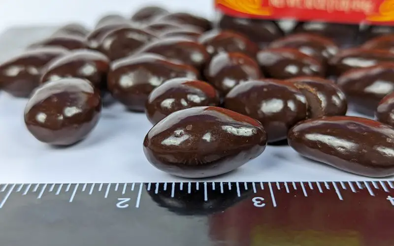 Trader joes dark chocolate covered almonds close view measurement - banhmifresh.com