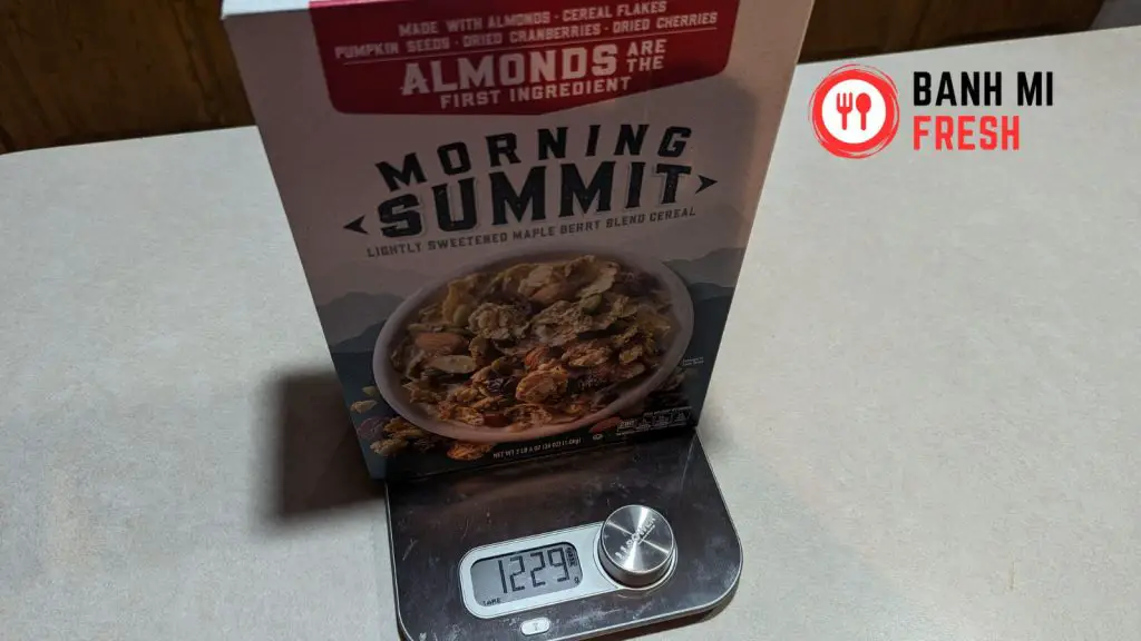Morning summit cereal box on a scale showing its 2lbs heavy - banhmifresh.com