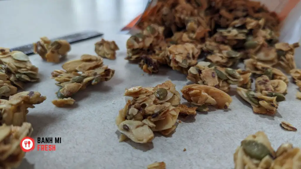 Innofoods almond + pecan clusters on the table inside the bag - banhmifresh.com